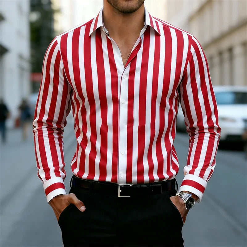 16-Color Men's Striped Long-Sleeve Shirt, Stylish Business Casual Lapel Shirt, Versatile and Trendy Top for Everyday Wear