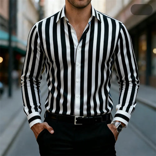 16-Color Men's Striped Long-Sleeve Shirt, Stylish Business Casual Lapel Shirt, Versatile and Trendy Top for Everyday Wear